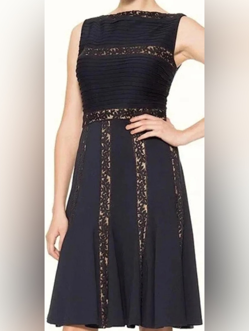 Tadashi Shoji tea length illusion mesh lace cocktail dress EUC